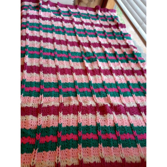 Vintage VTG Hand Crocheted Throw 56" 88" Pink Green Brown White Handmade OOAK - Picture 1 of 5